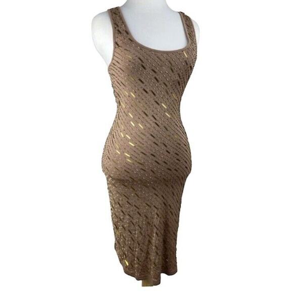 Haute Hippie Chocolate Brown Tank Mini Dress Side Ruche Gold & Beaded Adornment - Picture 4 of 14